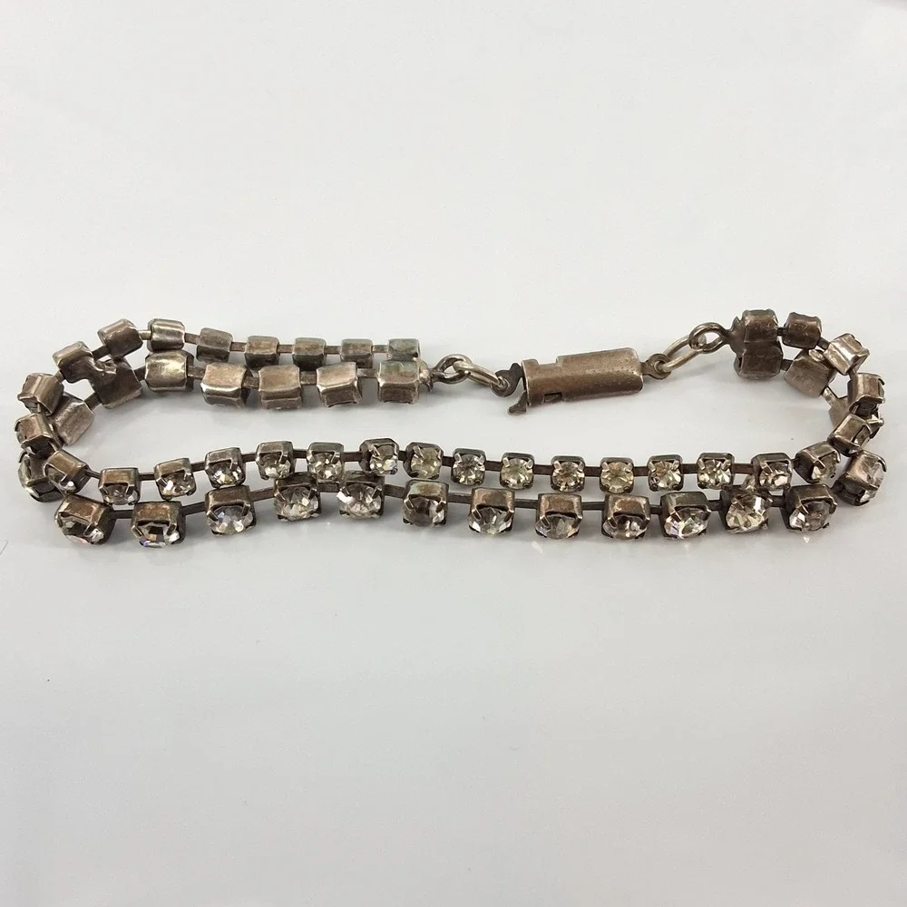 Vintage Double Row Rhinestone Tennis Bracelet Silver Tone 2 Strand 7.25